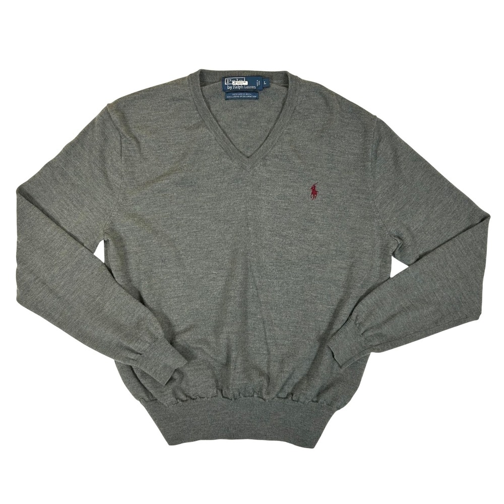 Polo Ralph Lauren Mens Grey 100% Merino Wool V-Neck Sweater Red Pony Logo L